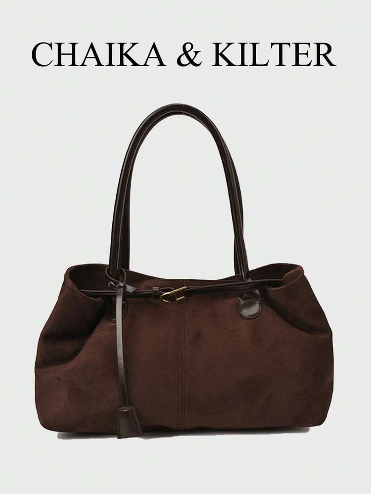 1 Stück Einfarbige PU Wildleder Schultertasche Für Frauen, Retro Mode Quadratische Tasche, Doppelgriff Design, Druckknopfverschluss, Riemendekoration, Geeignet Für Täglichen Und Outdoor Gebrauch (Wird Mit Anhänger Verkauft) | SHEIN