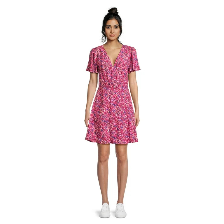 Time and Tru Women's Flutter Sleeve Faux Wrap Dress, Sizes XS-XXXL | Walmart (US)