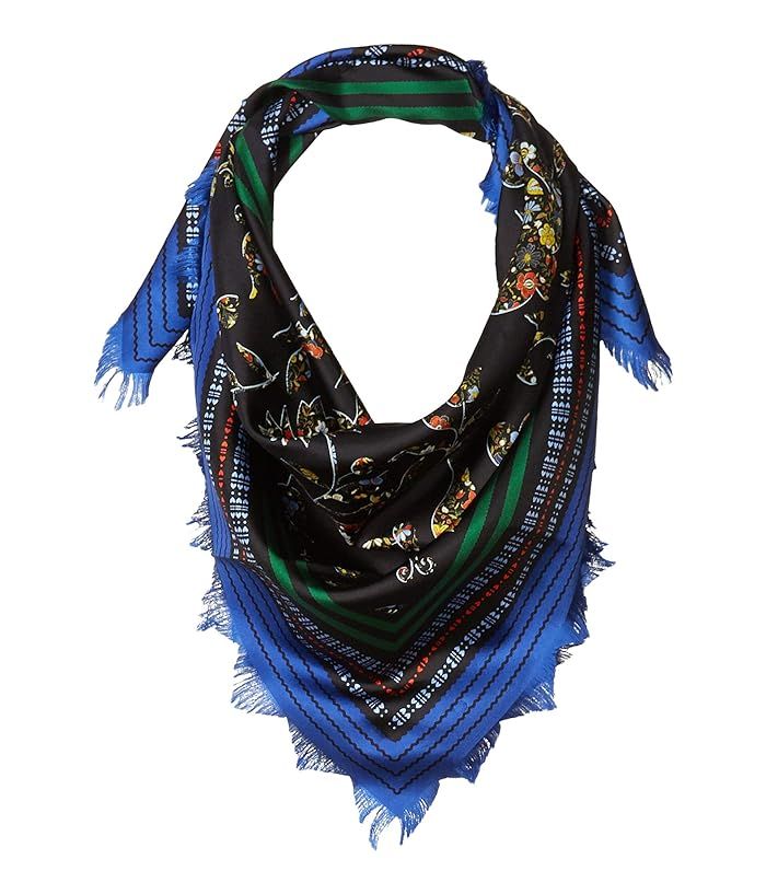 Tory Burch Sacred Floral Silk Square Scarf with Fringe (Black) Scarves | Zappos