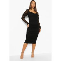Womens Mesh Square Neck Ruched Midi Dress - Black - 10 | boohoo (US & Canada)