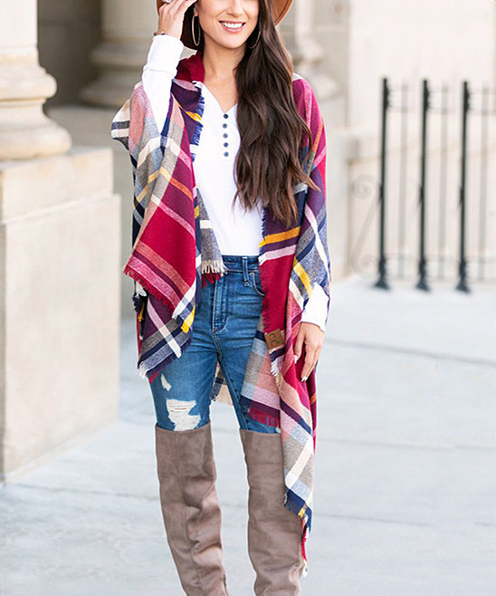 Aili's Corner Women's Ponchos Burgundy - Burgundy Plaid Convertible Poncho - Women | Zulily