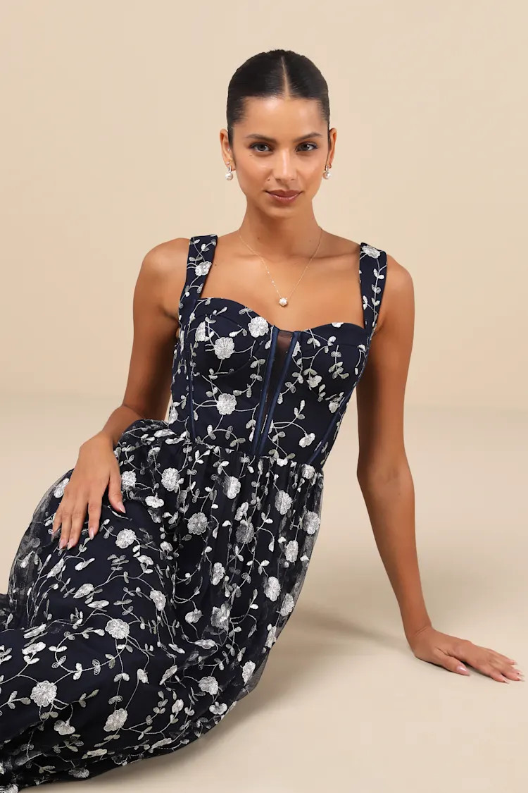 Gala Invite Navy Blue Embroidered Tulle Bustier Maxi Dress | Lulus