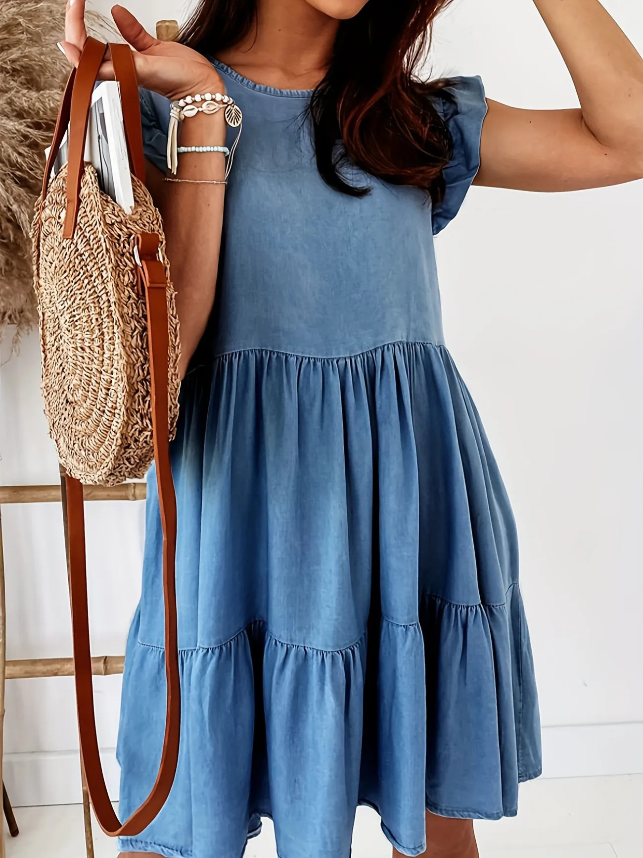 Blue Round Neck Denim Dress, Lettuce Trim Loose Fit Babydoll Denim Dress, Women's Denim Clothing | Temu Affiliate Program