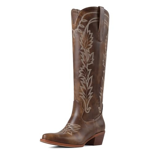femflame Cowboy Boots for Women Wide Calf Embroidery Knee High Boots Pointed Toe Chunky Heel Pull On Zipper Leather Western Brown Cowgirl Boot | Amazon (US)