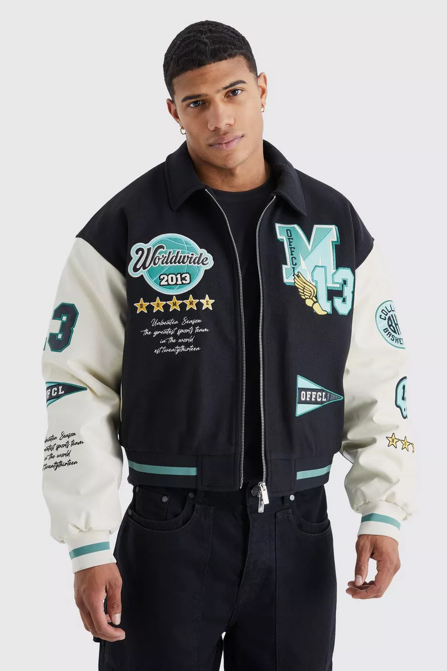 Boxy Pu & Melton Multi Badge Varsity Jacket | boohoo (US & Canada)