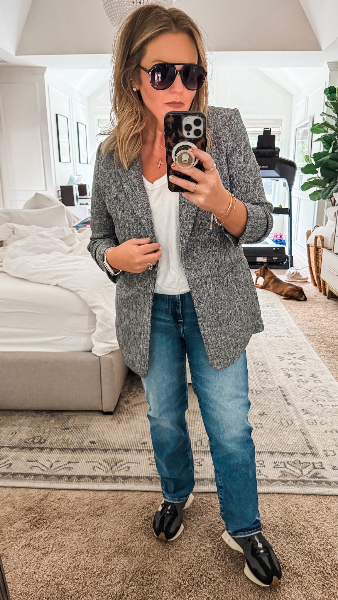 This blazer has sewn scrunched sleeves (which I adore!), also comes in a cream, and is just $45. So versatile and can be styled up or down. Everything fits TTS and I’m 5’3” and wearing a medium in the jack, and a 6-12 in the jeans. Styling it dressed down in a post following this one.  Amazon sunnies come in a pack of 2 for $10 are an absolute steal. 

#LTKOver40 #LTKSaleAlert #LTKFindsUnder50