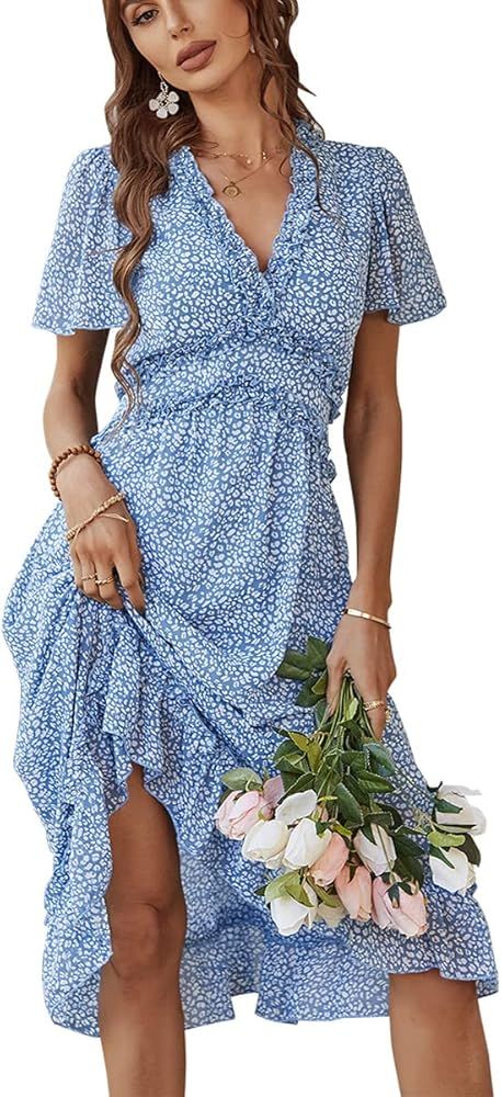 MOPOOGOSS Womens Fall Spring Summer Sexy V Neck Ruffle Long Sleeve Short Sleeve Floral Print A Line  | Amazon (US)
