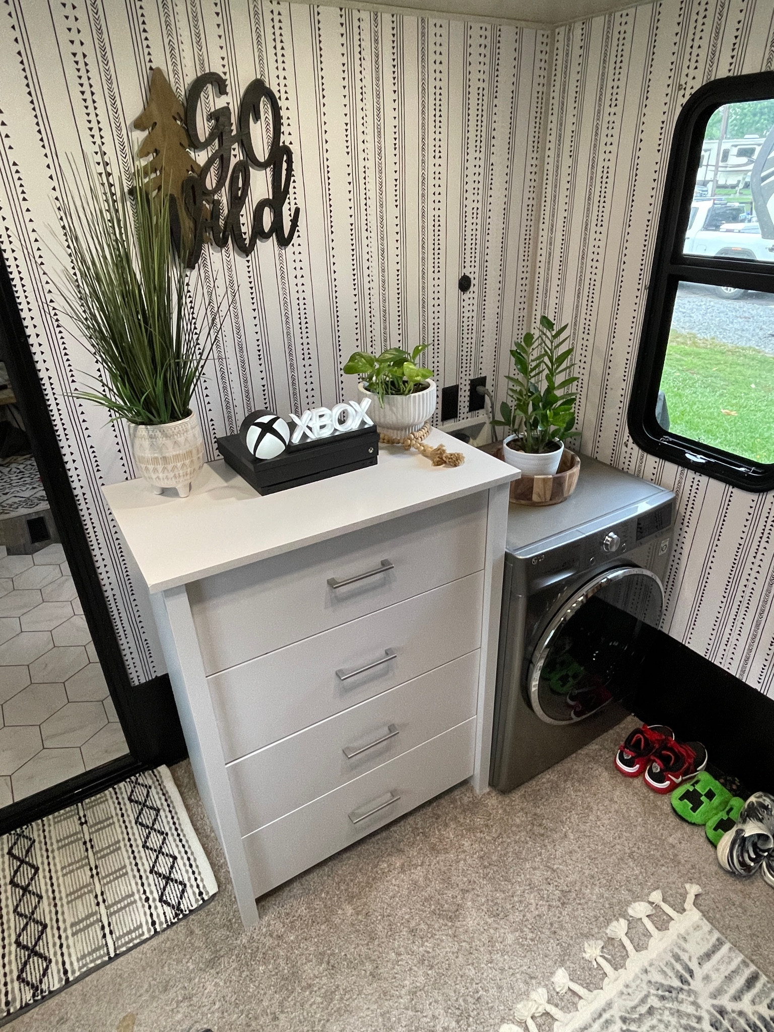 New bedroom wallpaper in our RV kids room makes a great place to relax. Toyhauler renovated to kids bedroom. 

#LTKkids #LTKhome #LTKfamily