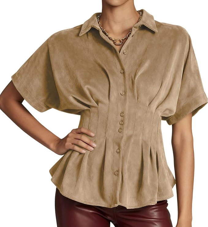 Women's Faux Suede Shirt Button Down Peplum Top Short Sleeve Flared Blouse | Amazon (US)
