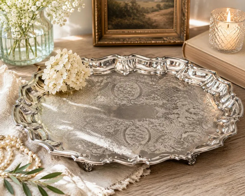 Vintage Silver Plated Footed Vanity Tray | Ornate Floral Engraved Serving Tray | Scalloped Silver... | Etsy (Global)