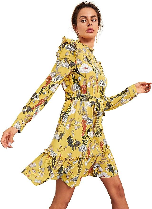 Floerns Women's Long Sleeve Ruffle Trim Self Tie Floral Print Short Dress | Amazon (US)