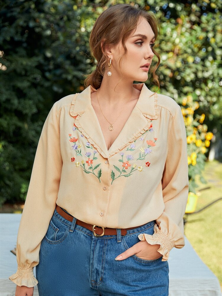 SHEIN Plus Floral Embroidery Frill Trim Top | SHEIN