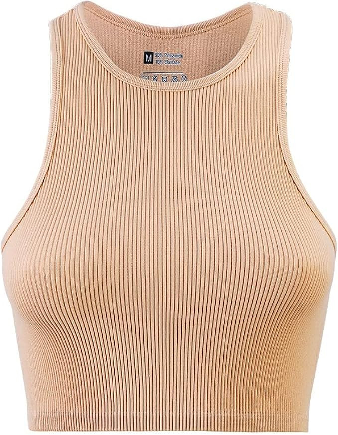 DYD Women Ribbed Crop Workout Tank Tops Sexy Cute Casual Sleeveless Basic High Neck Top | Amazon (US)