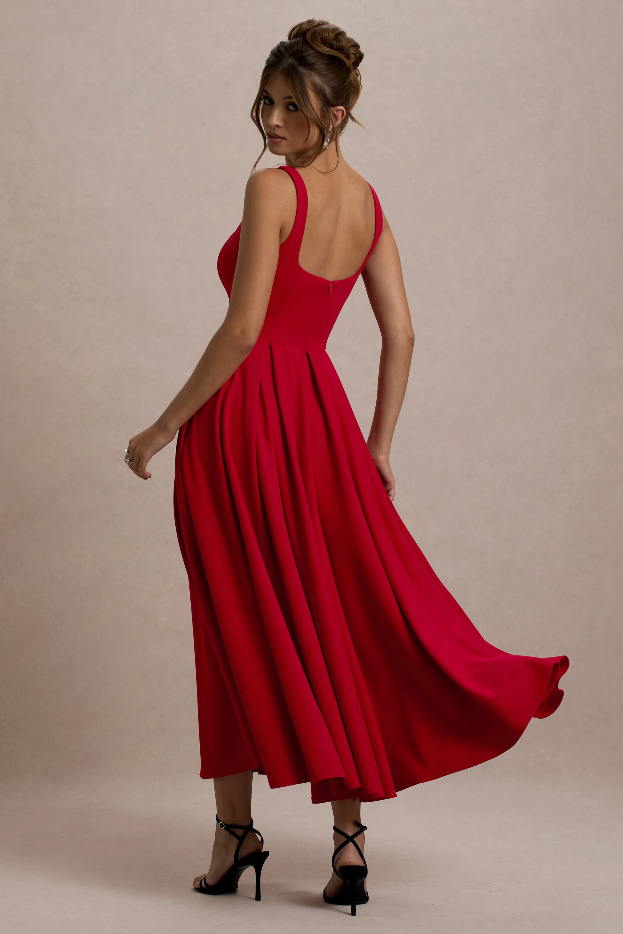Parina | Red Strappy Volume-Hem Midi Dress | Club L London