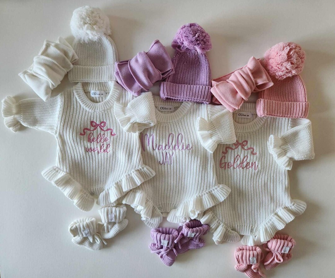 Embroidered Knit Ruffle Romper, Birth Announcement, Baby Girl Embroidered Romper, 100% Cotton Rom... | Etsy (US)