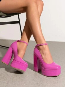 Women's High Chunky Platform Square Toe Heels Pumps Closed Toe Block Ankle Strap Solid Color Dres... | SHEIN