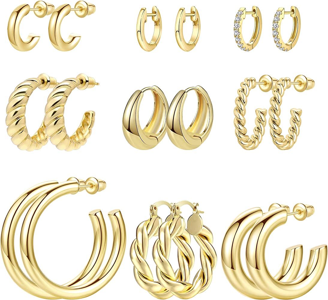 Adoyi Gold Hoop Earrings Set for Women Chunky Gold Hoops Twisted Huggie Hoops Earrings 14K Plated fo | Amazon (US)