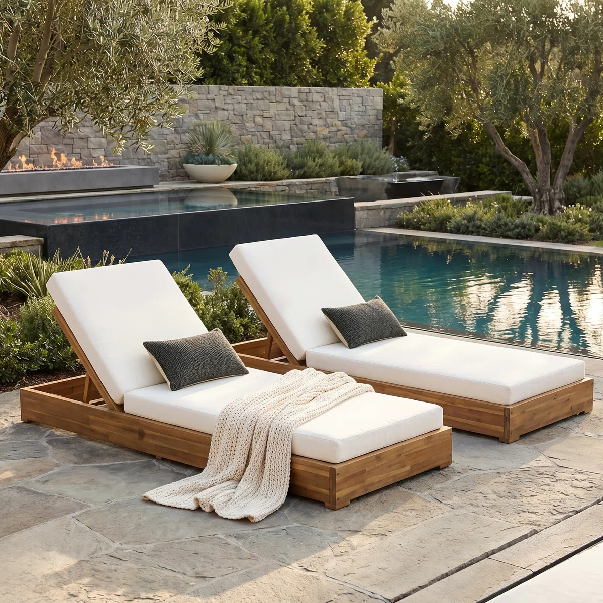 Leite 79" Long Reclining Outdoor Acacia Chaise Lounge Set with Cushions | Wayfair North America