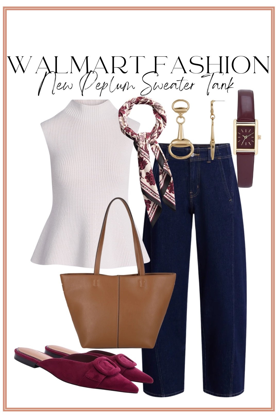 Another Walmart new arrival that looks SO much more expensive than it is! 😍 This new peplum sweater tank is such a pretty elevated basic for fall. I love the flattering shape and how good it looks paired with dark wash wide leg jeans!

The burgundy accessories completely make this outfit—the pointed toe mules, printed scarf and matching watch add the prettiest pop of color, while the brown tote keeps everything classic. Such a cute Walmart fall outfit for work, brunch, dinner or anywhere you want to look put together without trying too hard! 🍂🤎

#walmartfashion #walmartfinds #walmartnewarrivals #walmartstyle #walmartfashionfinds #walmartoutfit #walmartfallfashion #fallfashion #falloutfitideas #peplumtop #sweatertank #widelegjeans #burgundyfashion #affordablefashion #affordablestyle

#LTKootd #LTKPetite