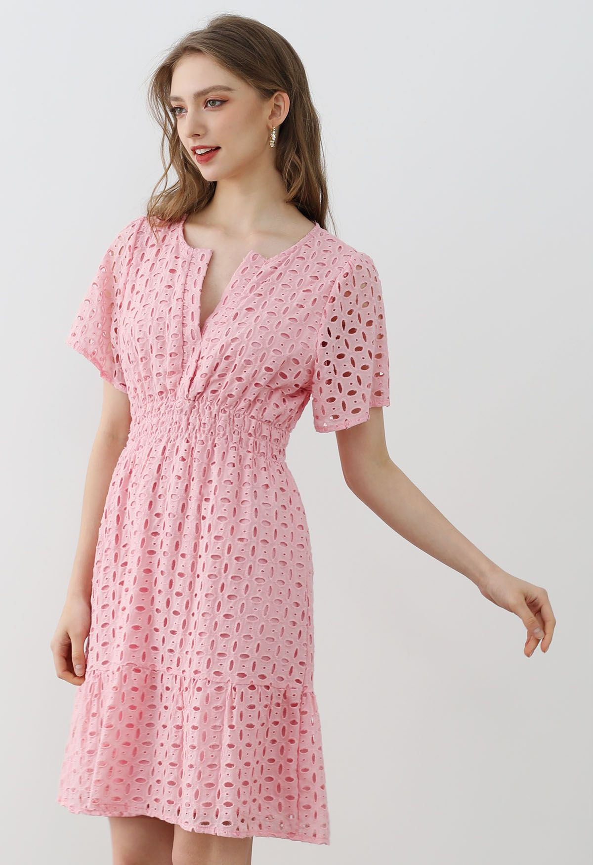 Eyelet Embroidery V-Neck Cotton Dress in Pink | Chicwish
