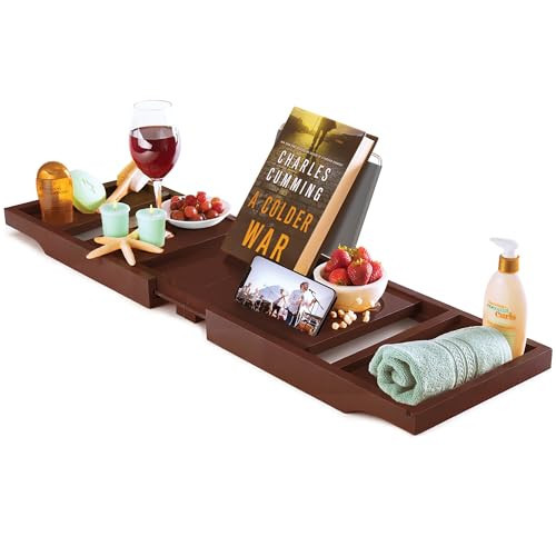 Wooden Bathtub Tray - Foldable & Expandable Bamboo Bath Tray for Tub with Wine Holder, Book & Tablet Stand - Bath Caddy Tray for Bathtub, Spa Bath Accessories, Tub Tray Table, (Brown) | Amazon (US)