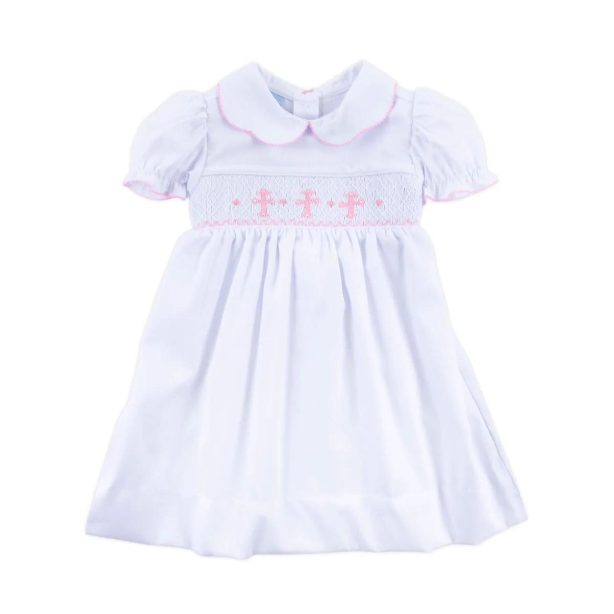 Pink Cross Smocked White Pique Collared Dress | Classic Whimsy