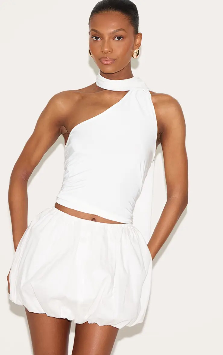 White Pinstripe Cotton Puffball Mini Skirt | PrettyLittleThing US