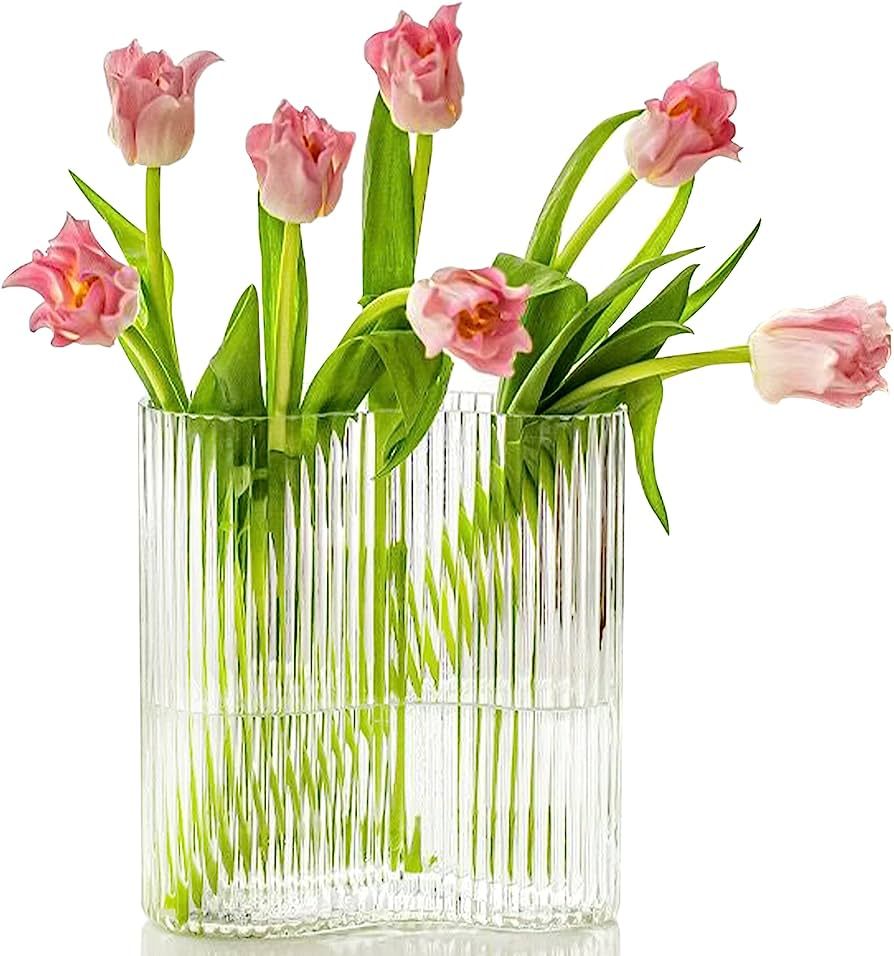 Aoderun Glass Vase for Flowers Modern Large Flower Vase Footprint Shape Ribbed Vase for Living Ro... | Amazon (US)
