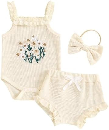 Kavousa Newborn Baby Girl Summer Clothes Floral Embroidery Hater Romper Bloomers Shorts Set Headb... | Amazon (US)