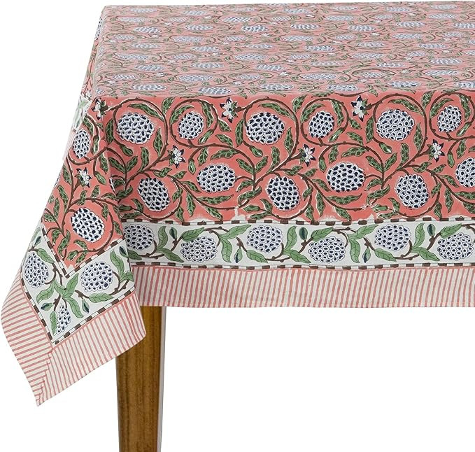 Ridhi Dark Salmon Pink 60 x 90 Inches Rectangular Cotton Washable Tablecloth, Hand Block Print Fl... | Amazon (US)