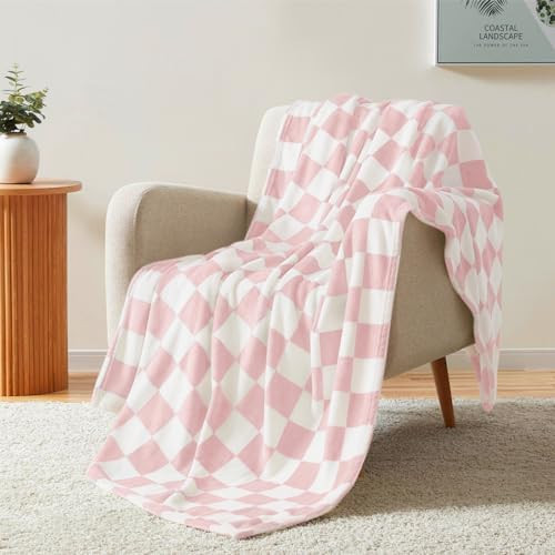 Homelike Moment Checkered Blanket Twin Size, Pink Checkerboard Grid Soft Fluffy Fleece Twin Blanket, Fuzzy Cozy Plush Flannel Blanket for Couch, Comfy Warm Lightweight Bed Blanket (Pink,60x80IN) | Amazon (US)