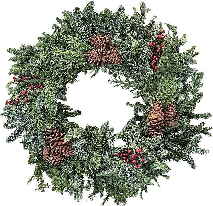 Clovers Garden Live Fresh 30” Noble Fir Mix Christmas Wreath with Cedar Boughs, Pinecones and R... | Amazon (US)