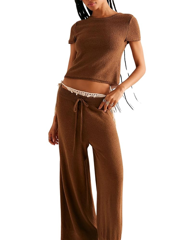 Womens 2 Piece Lounge Set Short Sleeve Knit Crop Top Wide Leg Pants Casual Comfy Matching Sweatsu... | Amazon (US)