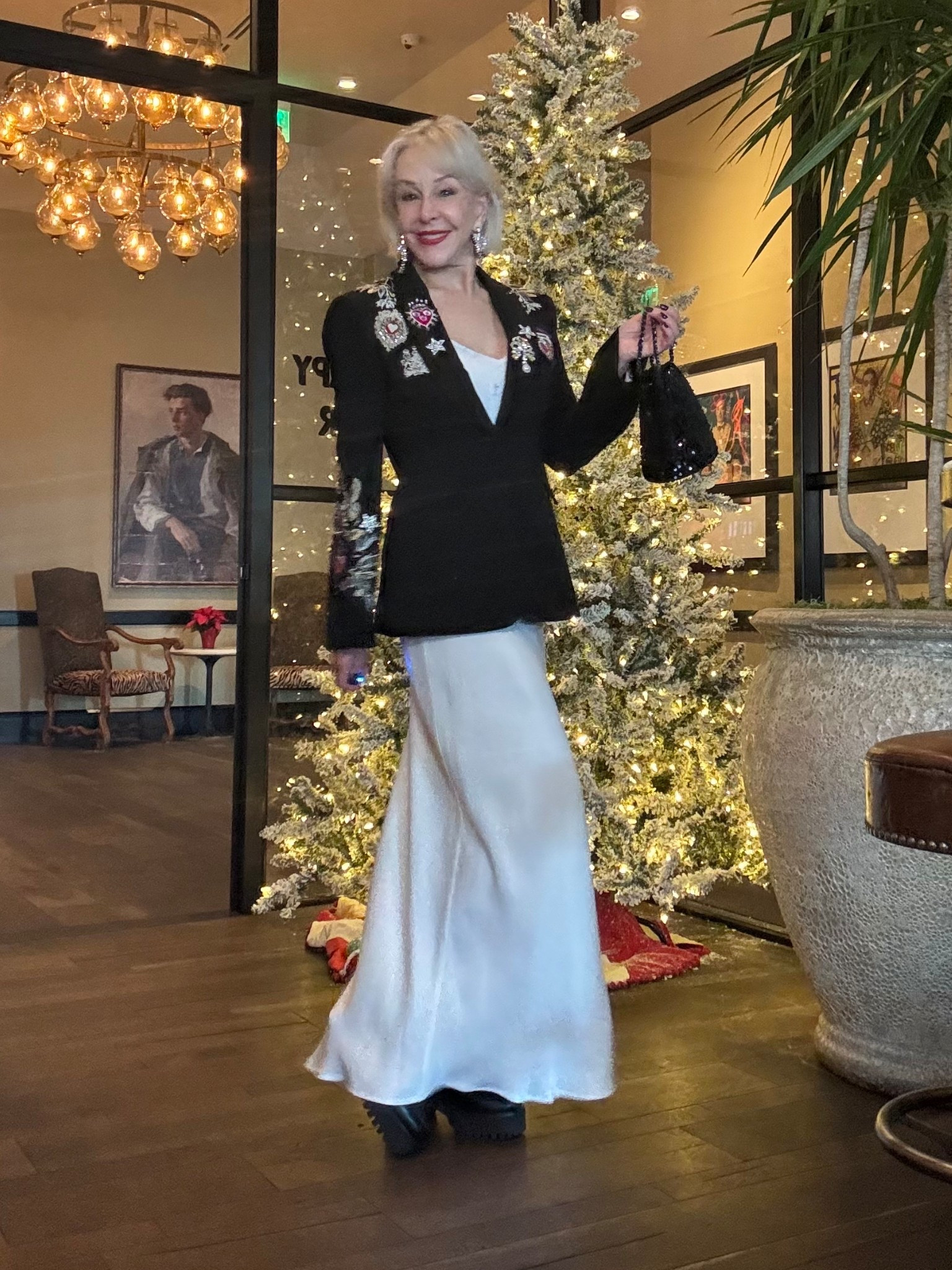 Heritage Rose Cheyenne Blazer by Cinq á Sept. white satin Tilda maxi skirt comes in other colors. 
Wear with jeans over trousers and dresses 
I wear a size 6 or a size small in the Blazer. 
Black booties 

#LTKSeasonal #LTKParties #LTKOver40