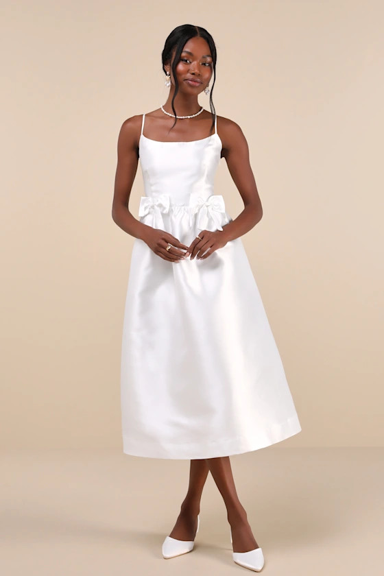 Classy Aesthetic White Taffeta Bow Midi Dress With Pockets | Lulus