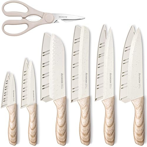 Astercook Knife Set, 13 Pieces Kitchen Knives Set with Ceramic Coating, Stainless Steel Chef Knife Sets with 6 Blade Guards, Dishwasher Safe Knives with Wooden Handle, White | Amazon (US)