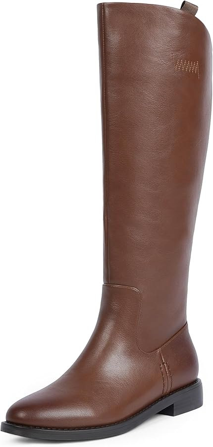 Modatope Knee High Boots Women Rounded Toe Flat Retro Bais Opening Low Chunky Heel Riding Boots | Amazon (US)