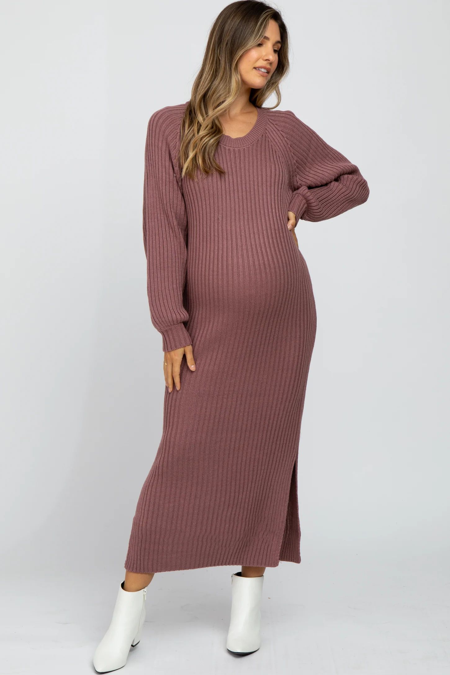 Mauve Side Slit Maternity Maxi Sweater Dress | PinkBlush Maternity