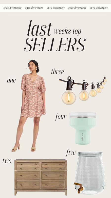 Here is last weeks top seller! Really love these string lights, this dresser can go with almost any bedroom decor, the style and cut of this dress is really cute and fun for the summer, and you will love having this drink dispenser and cup on hand for outdoor entertaining! 

#LTKSeasonal #LTKStyleTip #LTKHome