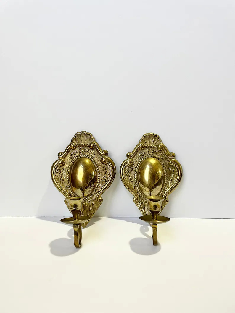 Vintage Brass Candlestick Wall Sconces // Gold-tone Wall Mounted Candlestick Holders // Wall Deco... | Etsy (US)