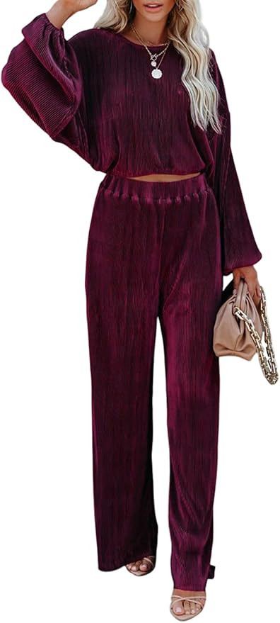 Dokotoo 2 Piece Outfits for Women Crewneck Long Sleeve Crop Tops and Wide Leg Pants Sets | Amazon (US)