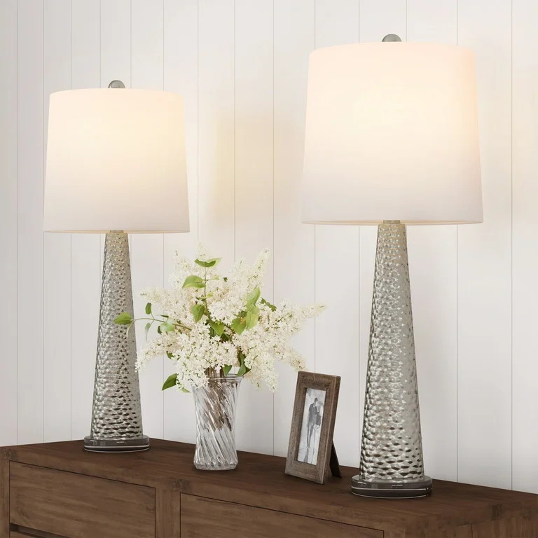 Lavish Home Set of 2 Table Lamps with Hammered Glass Bases (Silver) | Walmart (US)