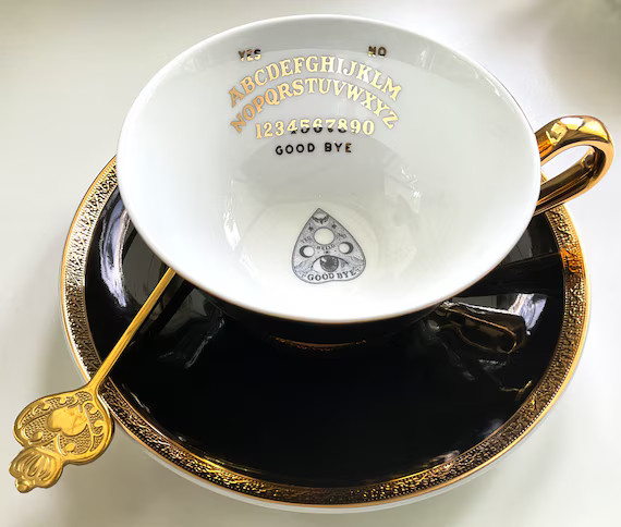 SPOON INCLUDED. Beautiful Black and 22k Gold Ouija Teacup and Saucer Set with Spoon, Porcelain. F... | Etsy (US)