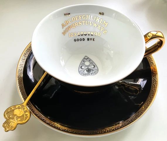SPOON INCLUDED. Beautiful Black and 22k Gold Ouija Teacup and Saucer Set with Spoon, Porcelain. F... | Etsy (US)