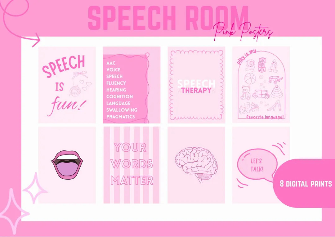 Speech Therapy Room Decor: Pink Poster Bundle | 8 Unique Speech Room Designs | Art Prints (PDF Do... | Etsy (US)