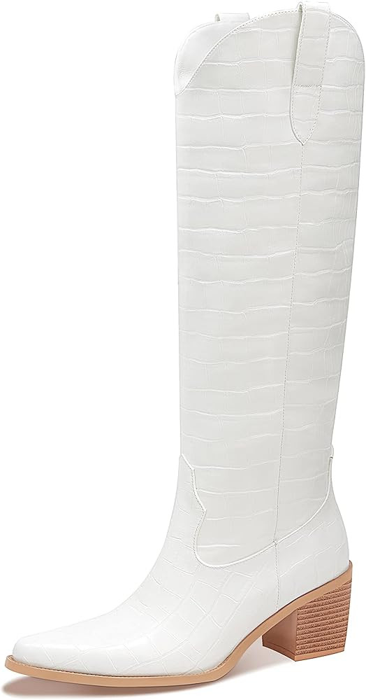 Pasuot Western Cowboy Boots for Women - Knee High Wide Calf Cowgirl Boots with Side Zip and Embroide | Amazon (US)