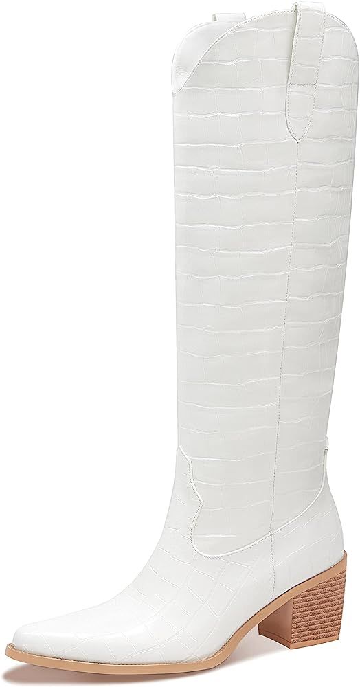 Pasuot Western Cowboy Boots for Women - Knee High Wide Calf Cowgirl Boots with Side Zip and Embroide | Amazon (US)