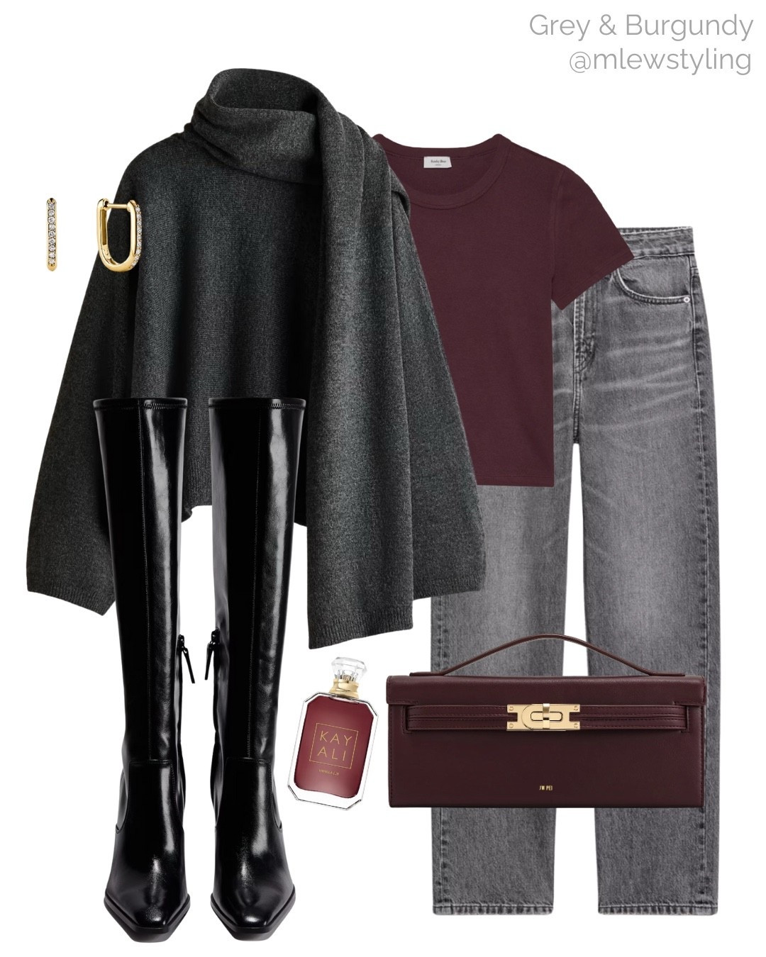 Burgundy & grey with a scarf detail sweater 🩶

Tags: fall outfit, black knee boots, aritzia burgundy t-shirt, Zara grey jeans, JW PEI burgundy bag, autumn fashion, elevated outfit 

#LTKStyleTip #LTKItBag #LTKShoeCrush