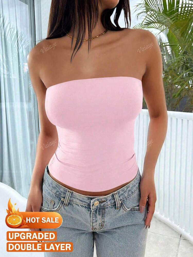 Damen Sommer Sexy Trägerloser Basis Träger Doppellagig Verstärkt Undurchsichtig Unifarbene Elastische Slim Fit Tube-Top Für Damen Ganzjährig Tragbar | SHEIN