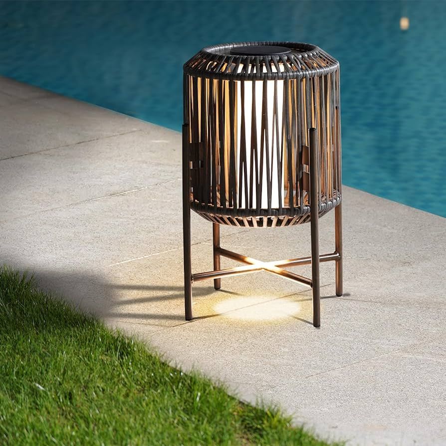 Mordern Floor Lamp, 22" Outdoor&Indoor Decorative Light with Brown Wicker, Integrated LED Solar L... | Amazon (US)